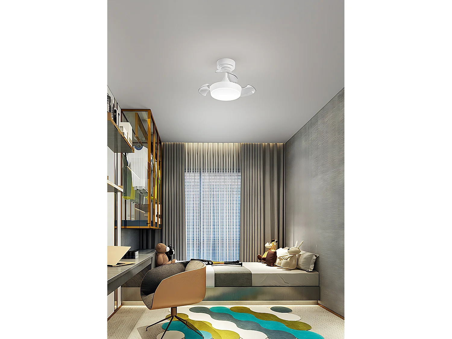 Ventilatore da Soffitto con Luce LED Integrata 24W, Pale a Scomparsa in Acrilico Trasparente, Motore DC, Bianco, D.56 cm - Perenz