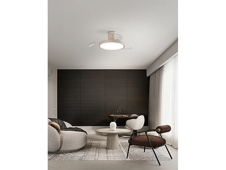 Ventilatore da Soffitto con Pale a Scomparsa Colore Sabbia, Motore DC 40W, LED 30W Dimmerabile con Telecomando e Inversione di Marcia - Perenz