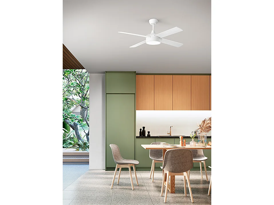 Ventilatore da Soffitto con Luce LED Integrata, Motore DC 40W, 4 Pale Reversibili Bianco/Legno, Telecomando, Diametro 132 cm, 6 Velocità - Perenz