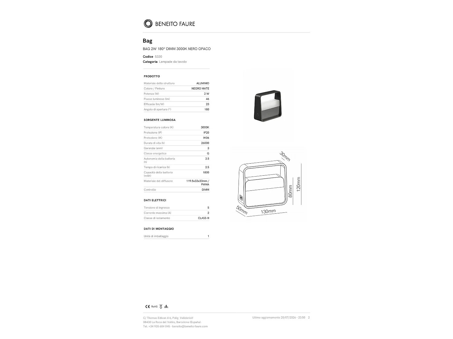 Draagbare tafellamp 2W 180º dimbare LED 3000K matzwart, 3,5 uur batterijduur, elegant ontwerp IP20 - Beneito & Faure