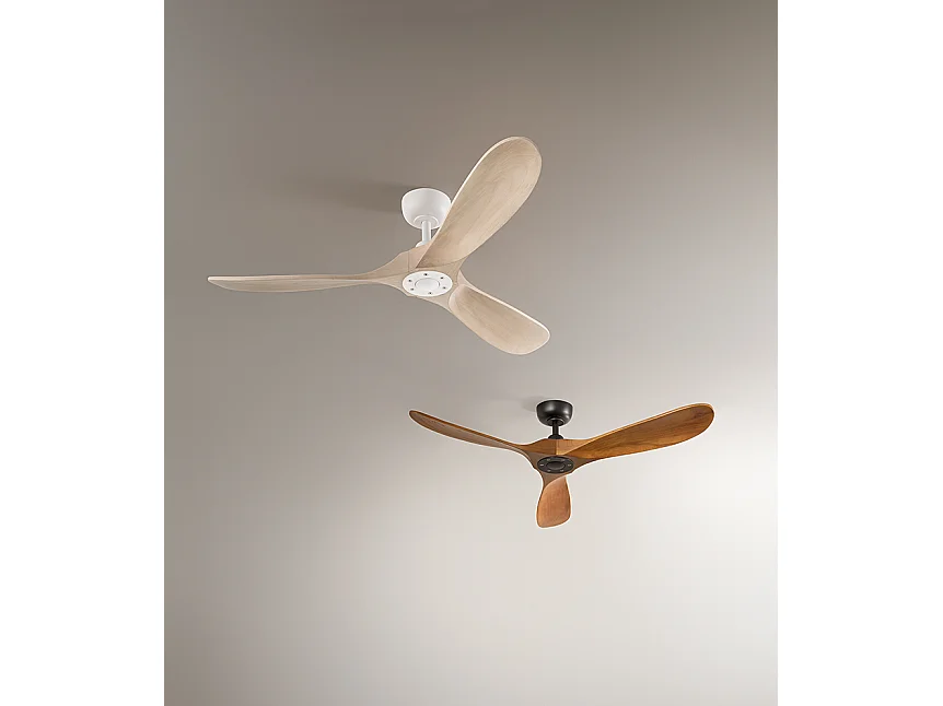 Ventilatore da Soffitto 7214 in Metallo Bianco, 132 cm, Motore DC 26W, 3 Pale in Legno Sbiancato, con Telecomando e 6 Velocità - Perenz