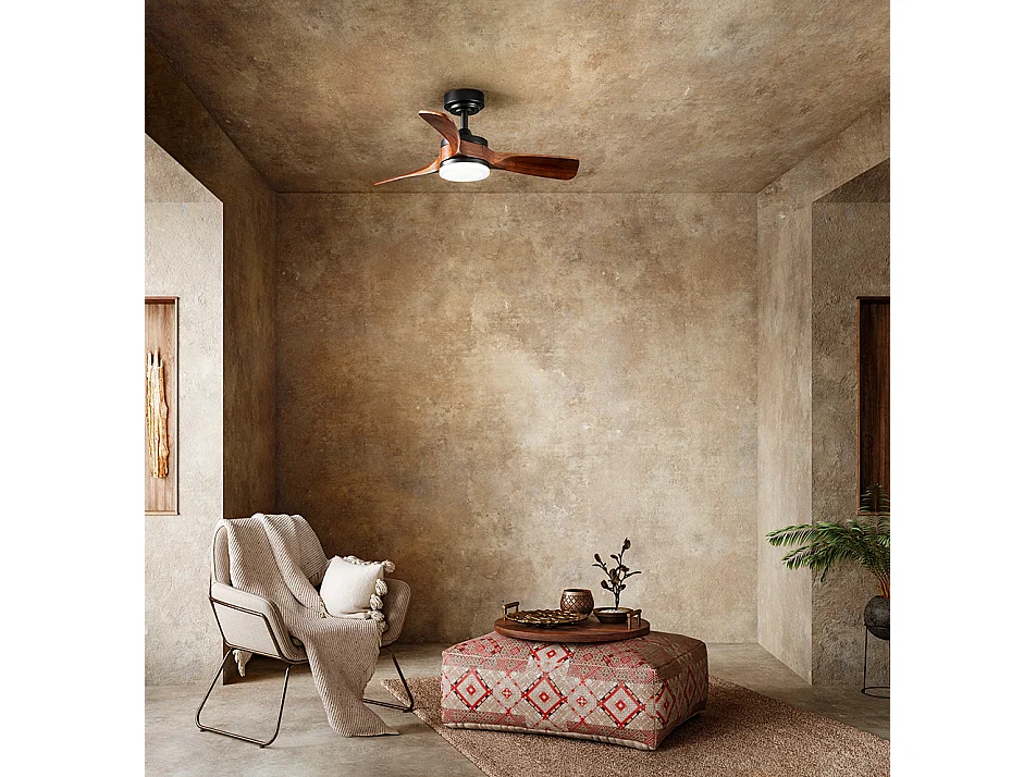 Ventilatore da Soffitto con Luce LED 18W e Pale in Legno Massiccio Noce Scuro, 6 Velocità, Telecomando incluso, Diametro 90 cm, Nero - Perenz