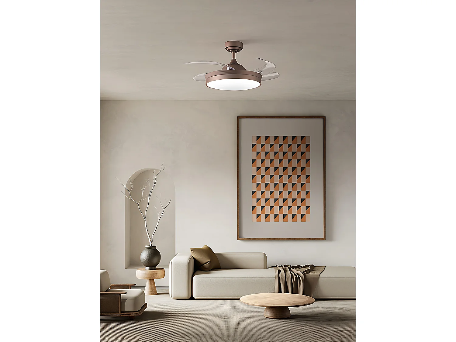 Ventilatore da Soffitto con Luce LED 36W a Scomparsa 106 cm, Motore DC, Colore Marrone Metallizzato, 6 Velocità e Telecomando incluso - Perenz