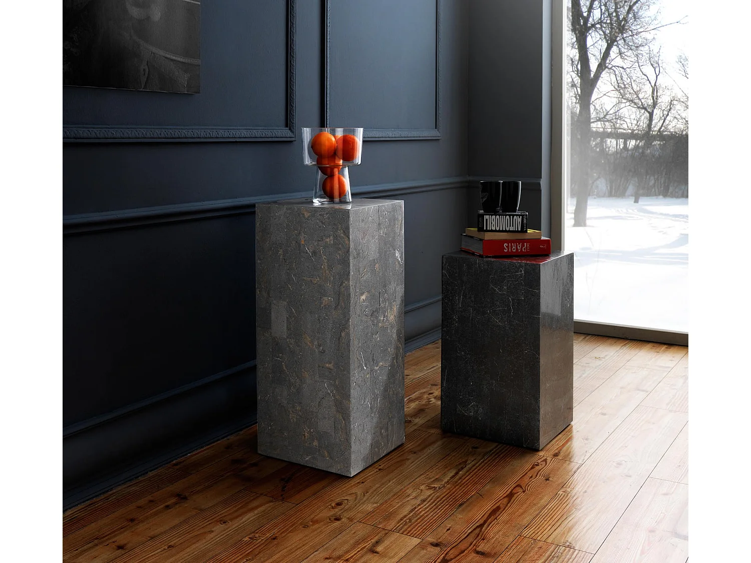 Inay moderne designkolom van Gray Stone fossiele steen en watervast multiplex - Hoogwaardige handgemaakte constructie - 35x35x80 cm