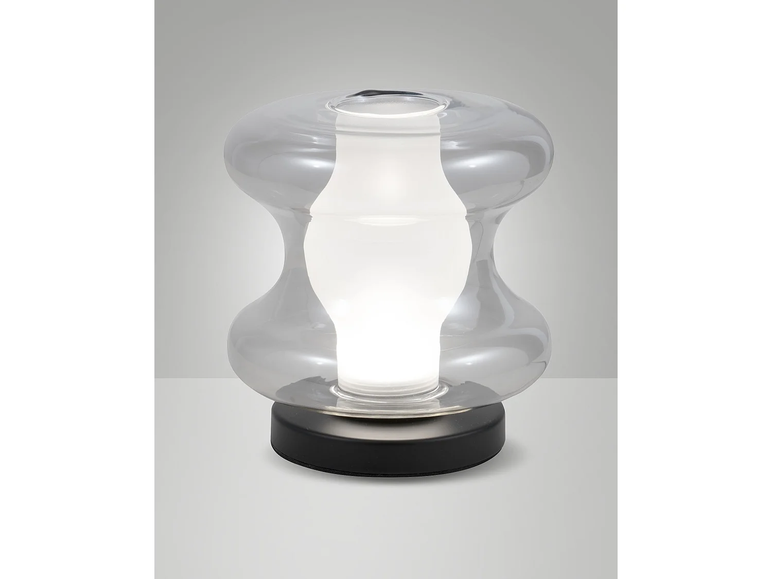 Frua tafellamp Ø18cm, geïntegreerde 7W LED 750lm, kleurtemperatuurschakelaar 2700K/3000K/4000K, metalen frame en grijs borosilicaatglas - Frua