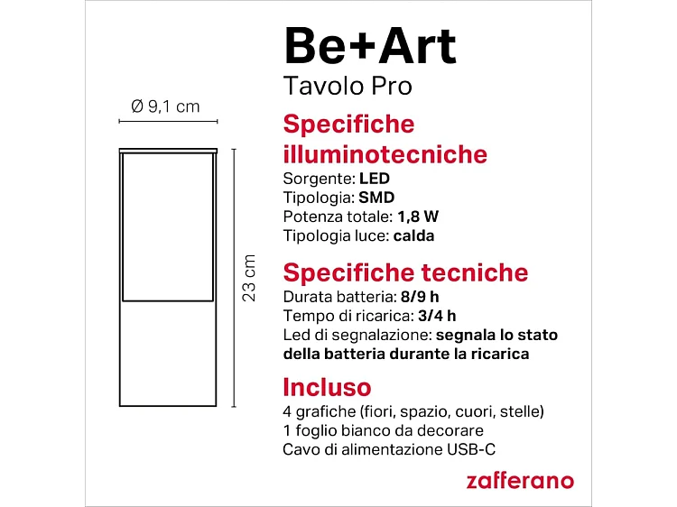 Saffron Be+Art aanpasbare tafellamp, oplaadbaar, dimbaar, draadloos en met aanraakbediening, geschikt voor binnen- en buitengebruik, 2700K, hoogte 23 cm.