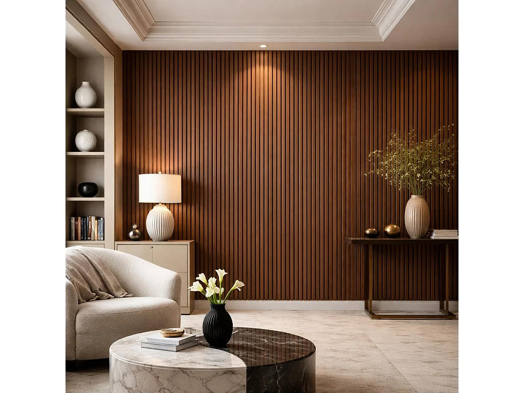 Geluidsabsorberend decoratief wandpaneel van HDF met houten latten, set van 4, 120x60 cm, walnoot