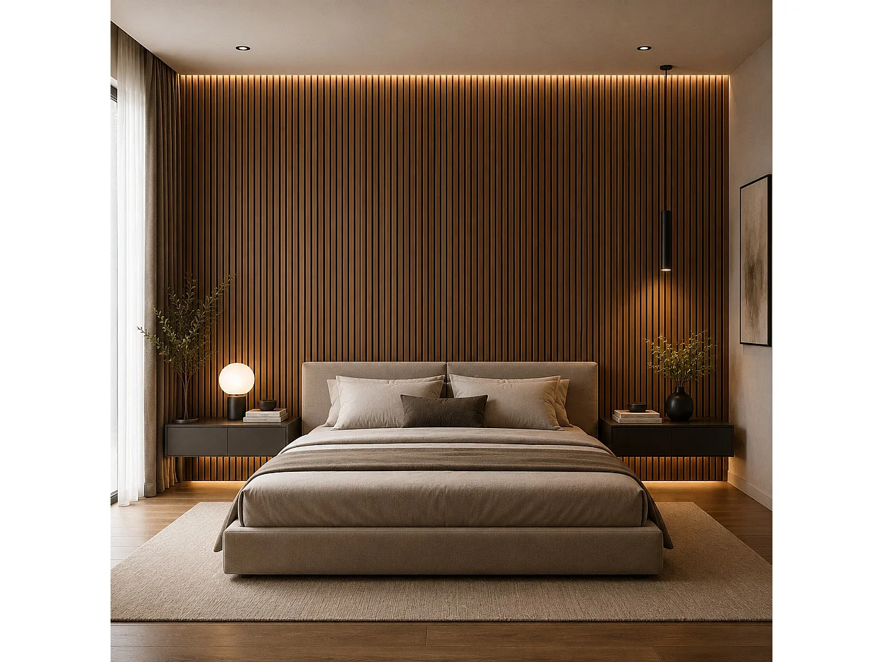 Geluidsabsorberend decoratief wandpaneel van HDF met houten latten, set van 4, 120x60 cm, walnoot