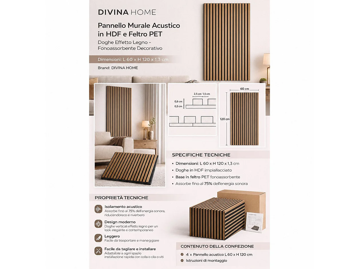 Geluidsabsorberend decoratief wandpaneel van HDF met houten latten, set van 4, 120x60 cm, walnoot