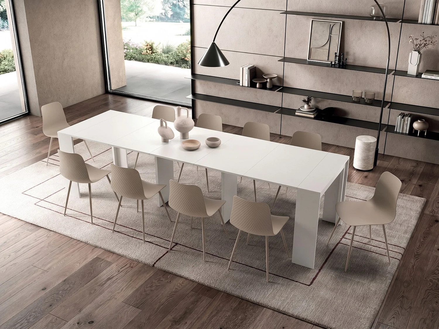 Consolle Allungabile Segmenta in MDF Laccato Bianco Opaco, Tavolo Estensibile Moderno Antigraffio fino a 297,5 cm - Segmenta