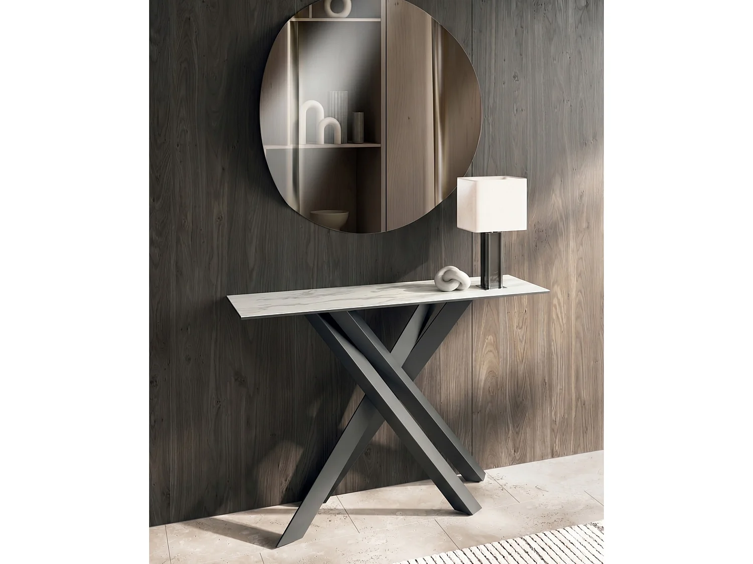 Consolle Xenia - Tavolo d'ingresso con top in ceramica su vetro effetto marmo bianco e struttura in metallo antracite - 110cm