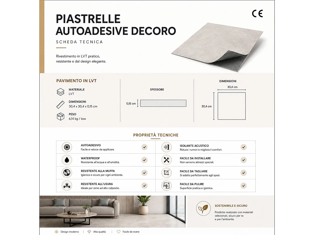 Piastrelle Autoadesive PVC Divina Home Effetto Marmo Grigio, Set 22 Pz per 2 mq, Spessore 0,15 cm, 30,4x30,4 cm - Design Moderno e Versatile