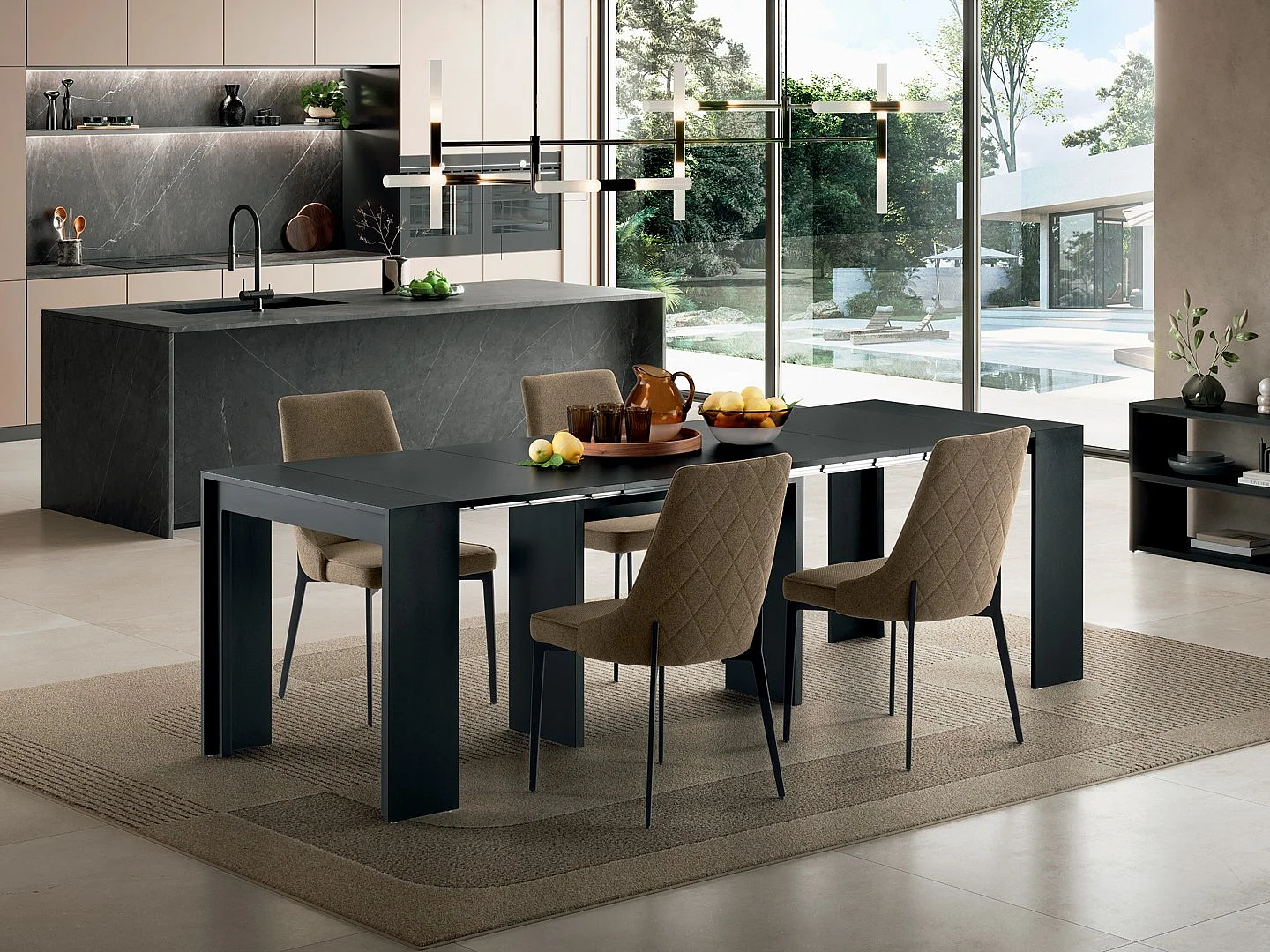 Rozkładany stolik konsolowy Segmenta z płyty MDF lakierowanej na matowo czarno, odporny na zarysowania, designerski stół rozkładany do 297,5 cm - Segmenta