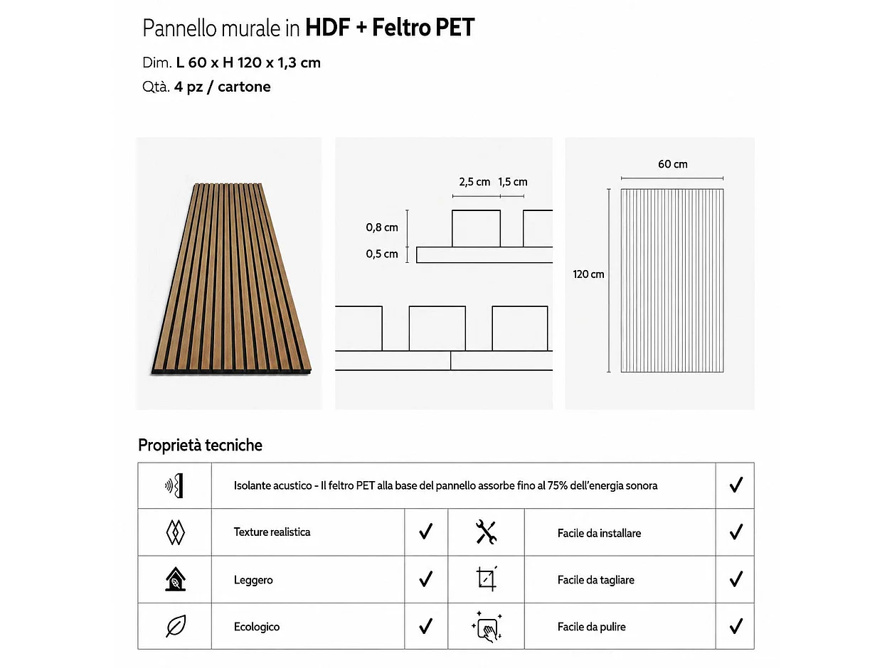 Pannello decorativo acustico fonoassorbente murale in HDF a doghe in legno Set 4 pz 120x60 Rovere