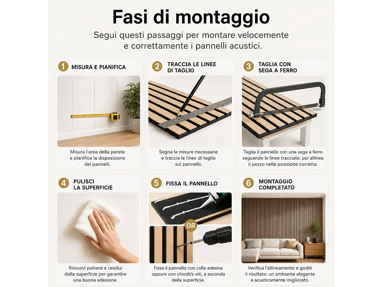 Pannello decorativo acustico fonoassorbente murale in HDF a doghe in legno Set 4 pz 120x60 Rovere