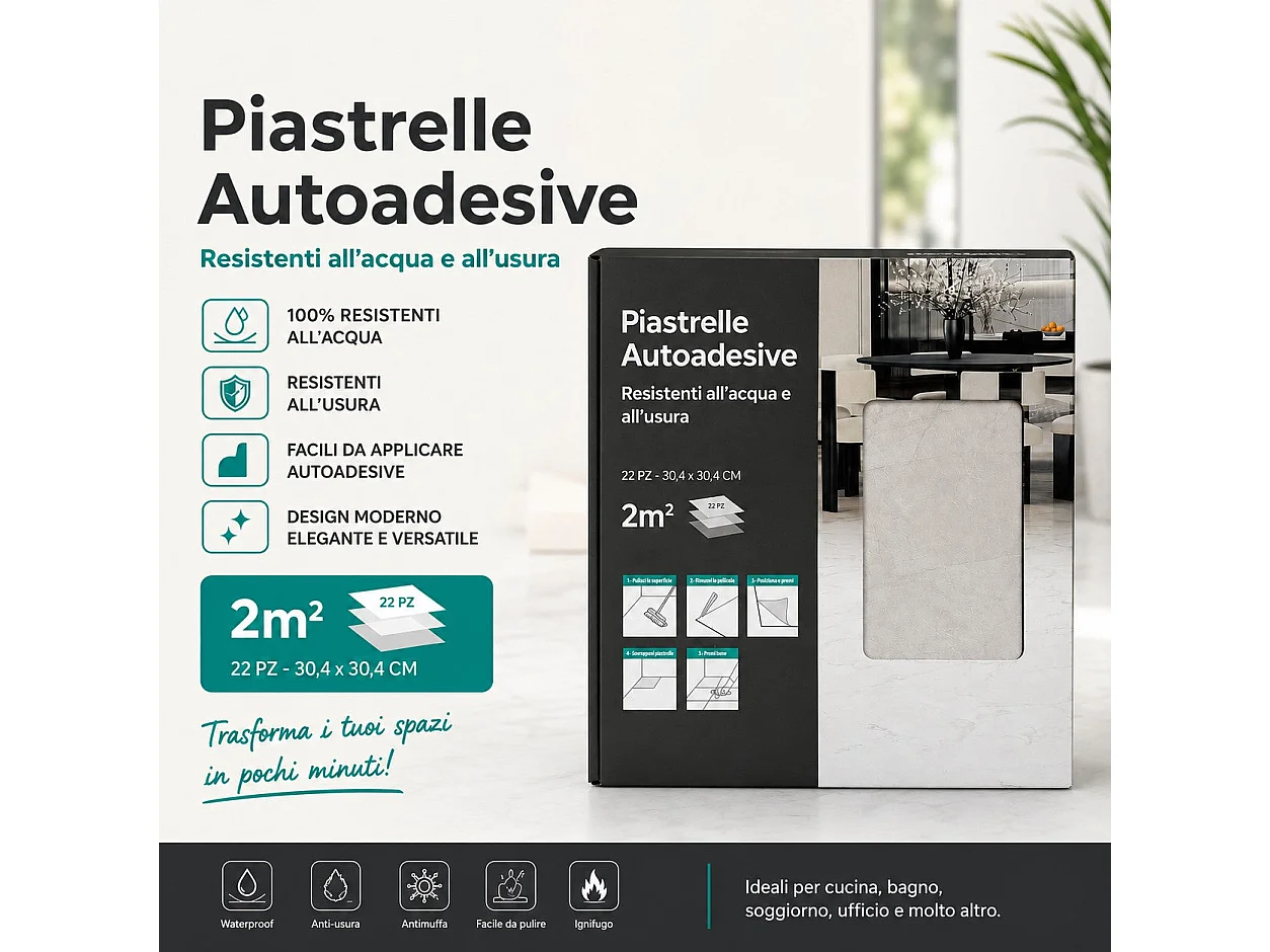 Piastrelle Autoadesive PVC Divina Home Effetto Marmo Bianco, Set 22 Pz per 2 mq, Spessore 0,15 cm, 30,4x30,4 cm - Design Moderno e Versatile
