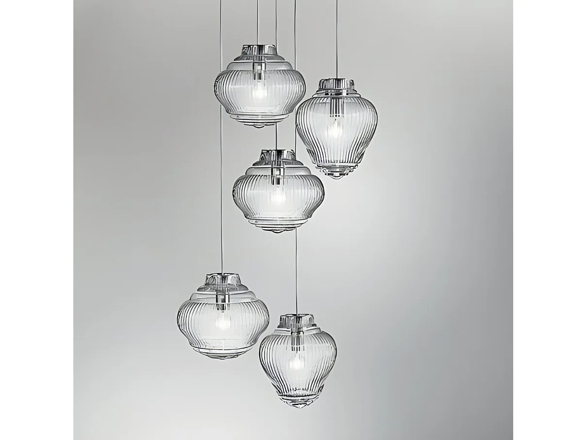 Bonnie hanglamp van gerookt geblazen glas met Rigadin-reliëf, grijze metalen structuur, verstelbare hoogte 313 cm