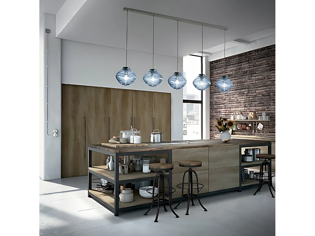 Bonnie hanglamp van gerookt geblazen glas met Rigadin-reliëf, grijze metalen structuur, verstelbare hoogte 313 cm