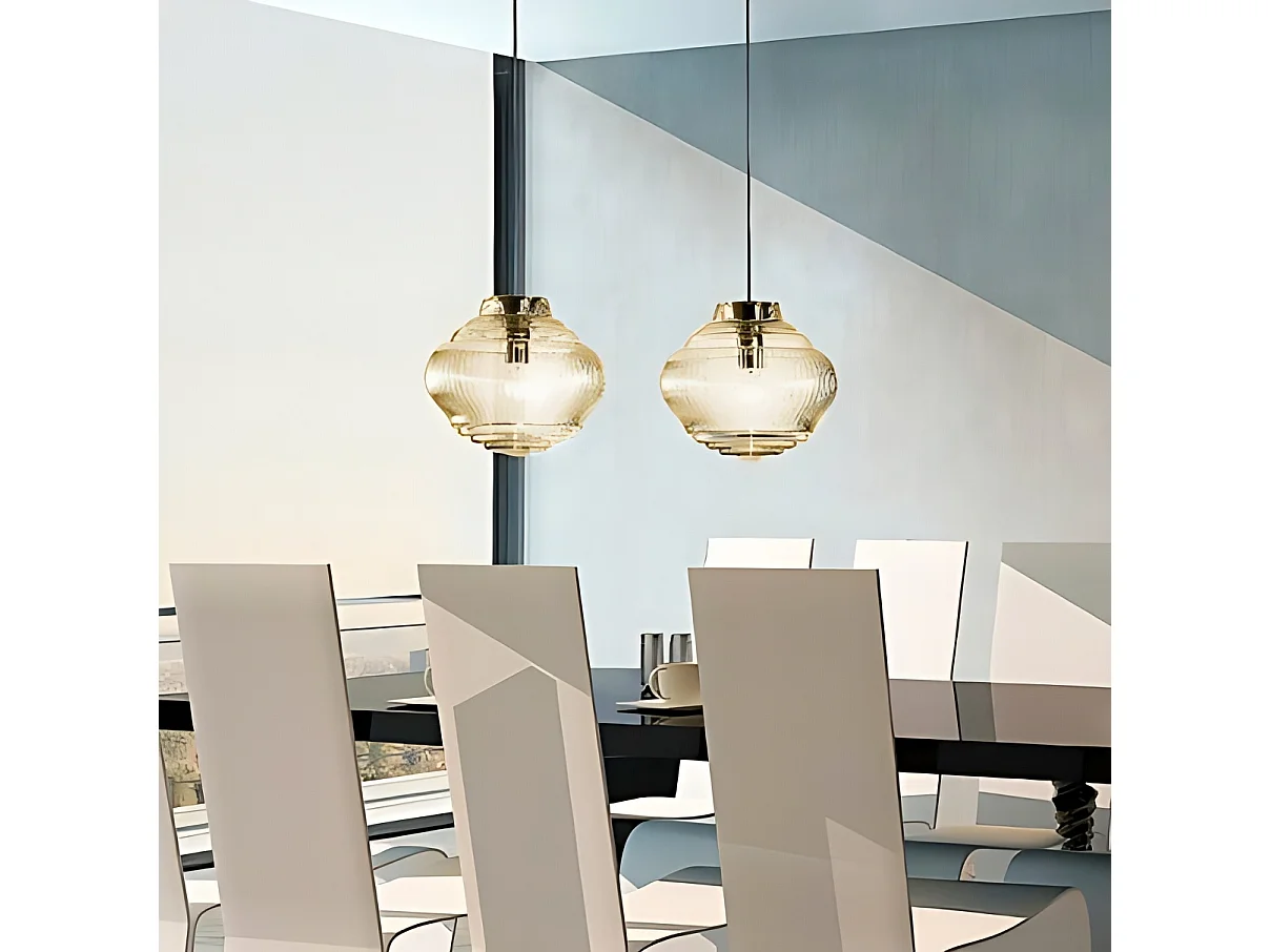 Bonnie hanglamp van gerookt geblazen glas met Rigadin-reliëf, grijze metalen structuur, verstelbare hoogte 313 cm