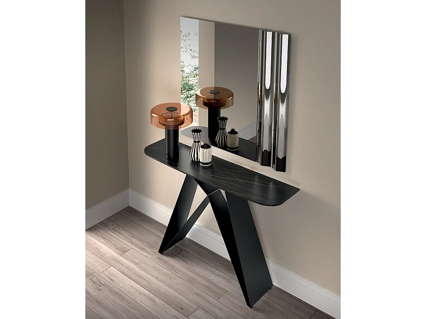 Stolik konsolowy Thalia z blatem ceramicznym na szkle z efektem czarnego marmuru Portoro i czarną metalową konstrukcją – wymiary 110x30