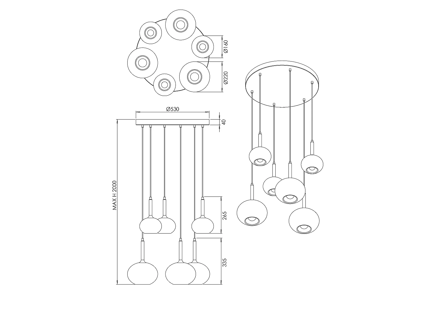 Edolo hanglamp Ø530mm van metaal en amberkleurig borosilicaatglas, E27+E14 fitting 6x40W, Klasse 1, IP20, modern design - Edolo