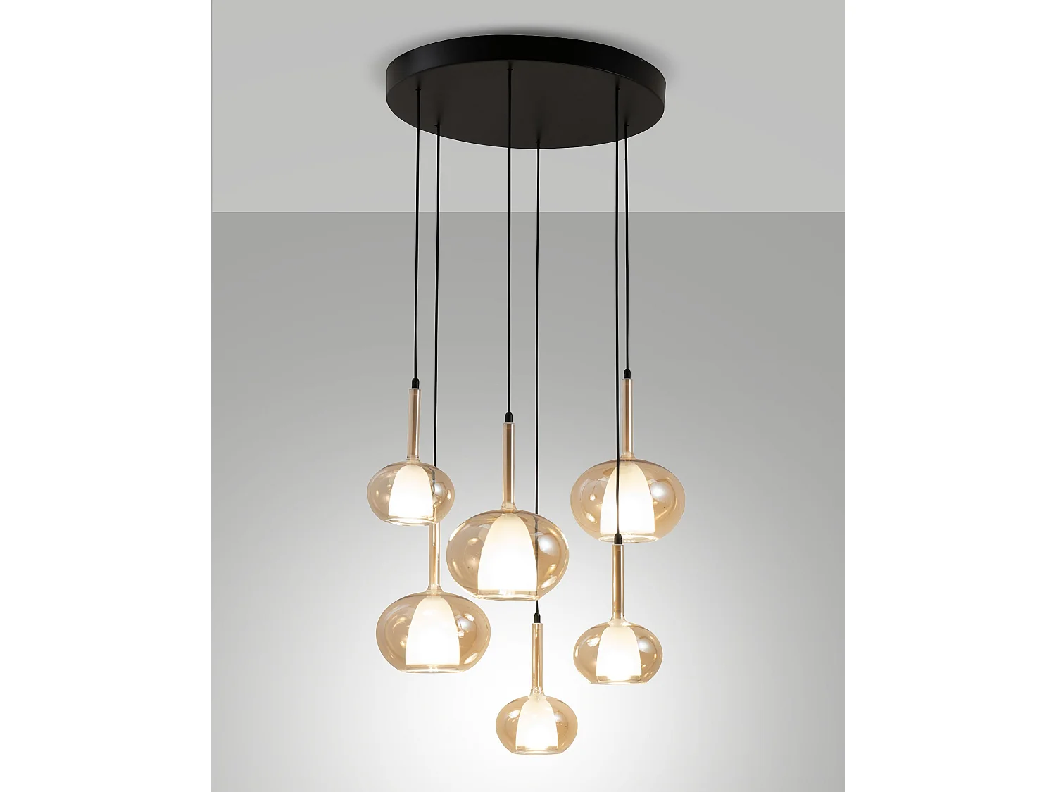Edolo hanglamp Ø530mm van metaal en amberkleurig borosilicaatglas, E27+E14 fitting 6x40W, Klasse 1, IP20, modern design - Edolo
