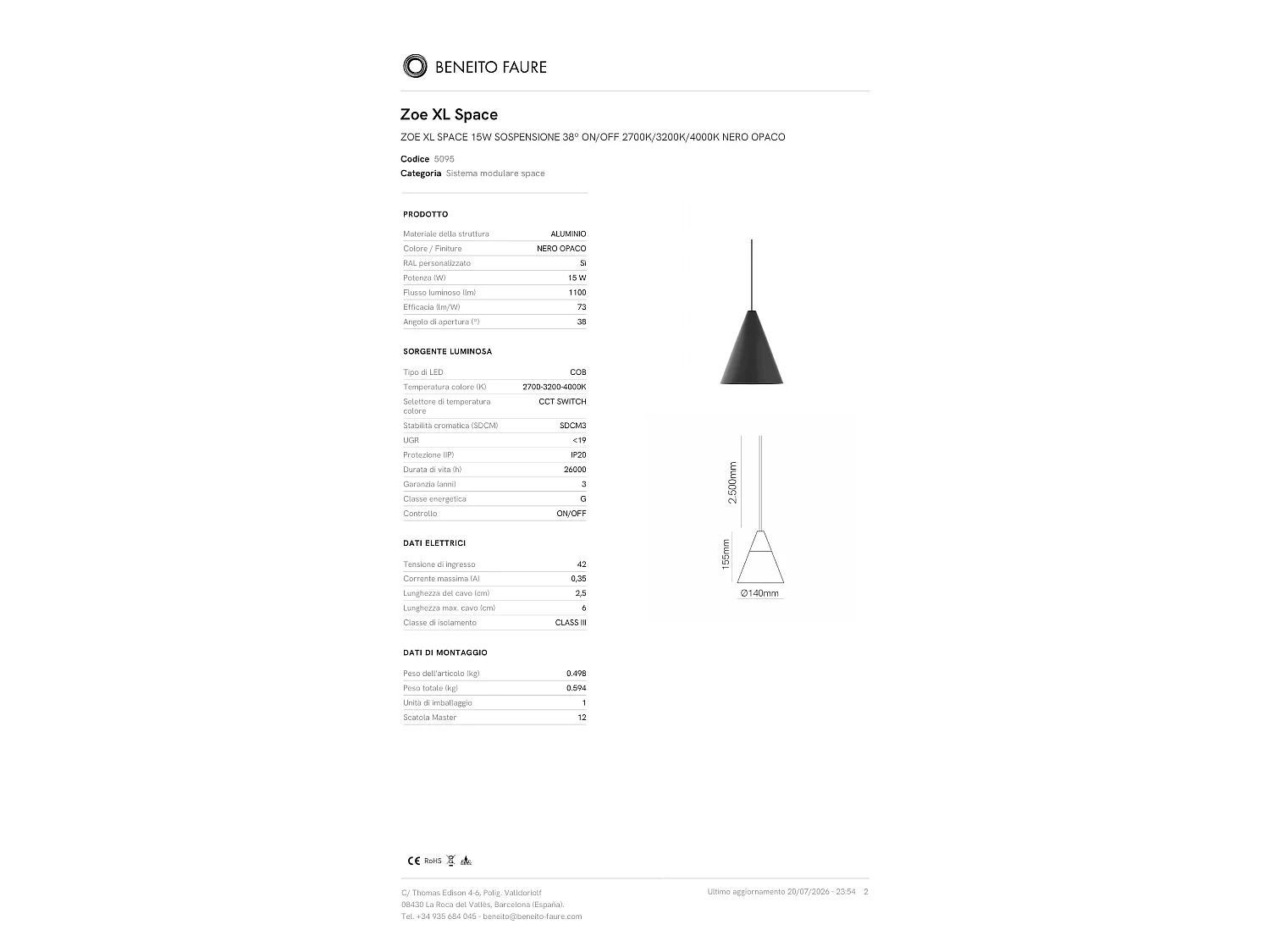 Beneito & Faure ZOE XL SPACE 15 hanglamp, 38º LED met schakelaar, kleurtemperatuur 2700K/3200K/4000K, matzwarte afwerking - elegant design