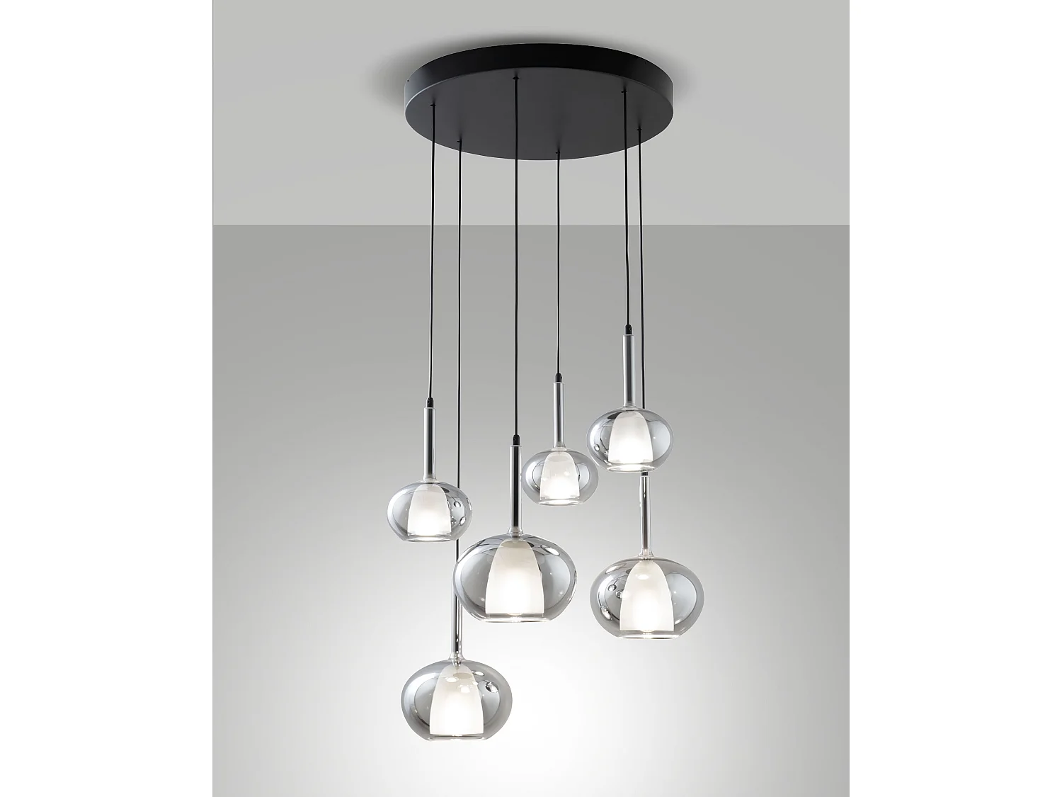 Edolo hanglamp Ø530mm van metaal en gerookt borosilicaatglas, E27+E14 fitting 6x40W, Klasse 1, IP20, modern design - Edolo