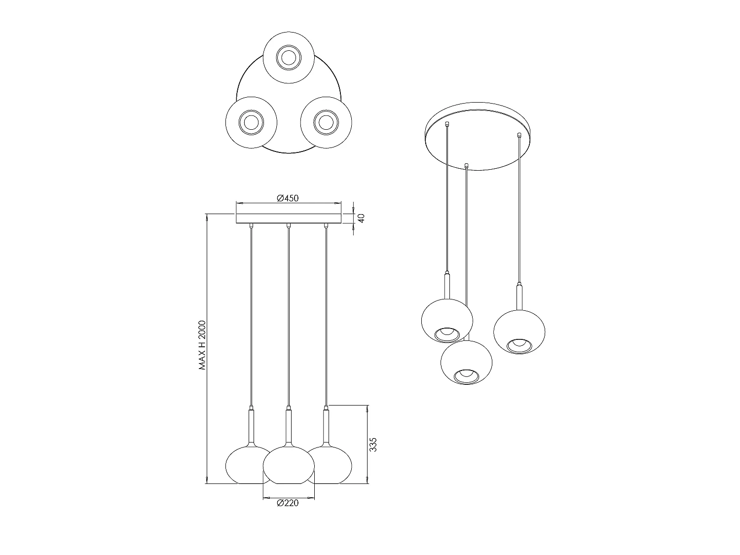 Edolo hanglamp Ø450mm in metaal en amberkleurig borosilicaatglas, 3x E27 40W, IP20, Klasse 1 - Modern design voor interieurs
