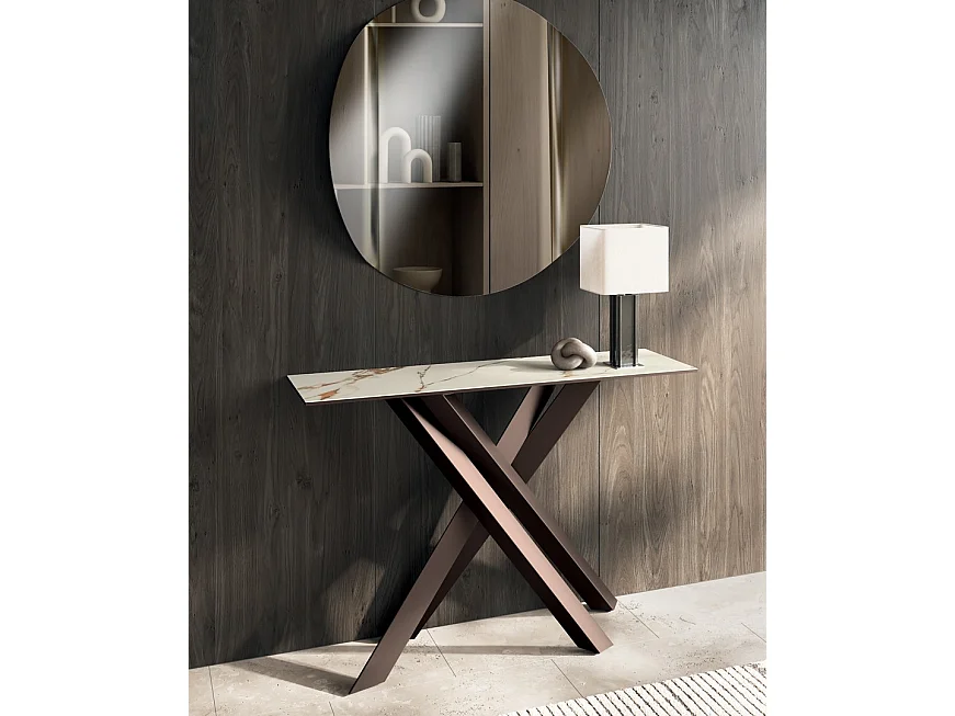 Consolle Xenia - Tavolo d'ingresso con top in ceramica su vetro effetto marmo calacatta borghini e struttura in metallo bronzo - 110cm