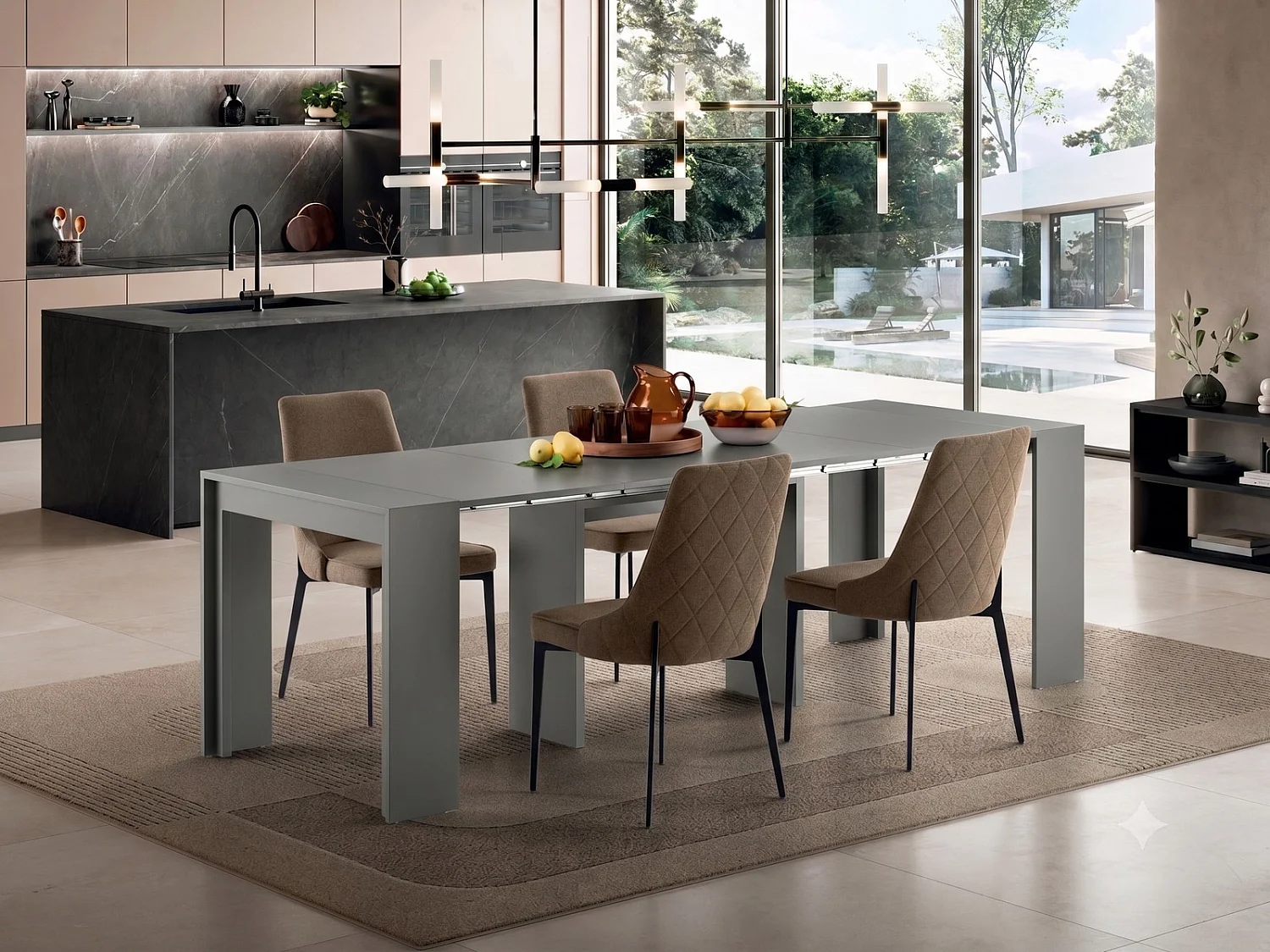 Table basse rectangulaire Flexus avec piètement en pierre grise fossilisée et plateau en verre trempé transparent - Design moderne exclusif