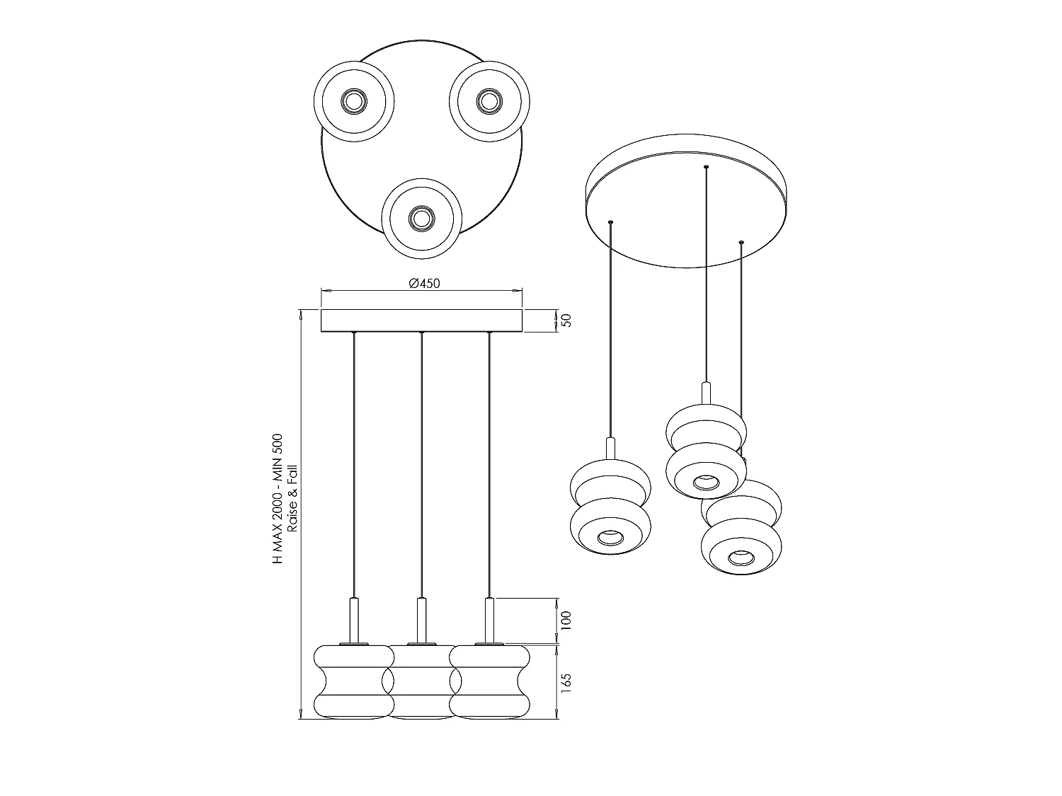 Frua hanglamp Ø450mm, geïntegreerde LED 21W 2550lm, kleurtemperatuurschakelaar 2700K-3000K-4000K, metaal en borosilicaatglas, IP20 - Frua