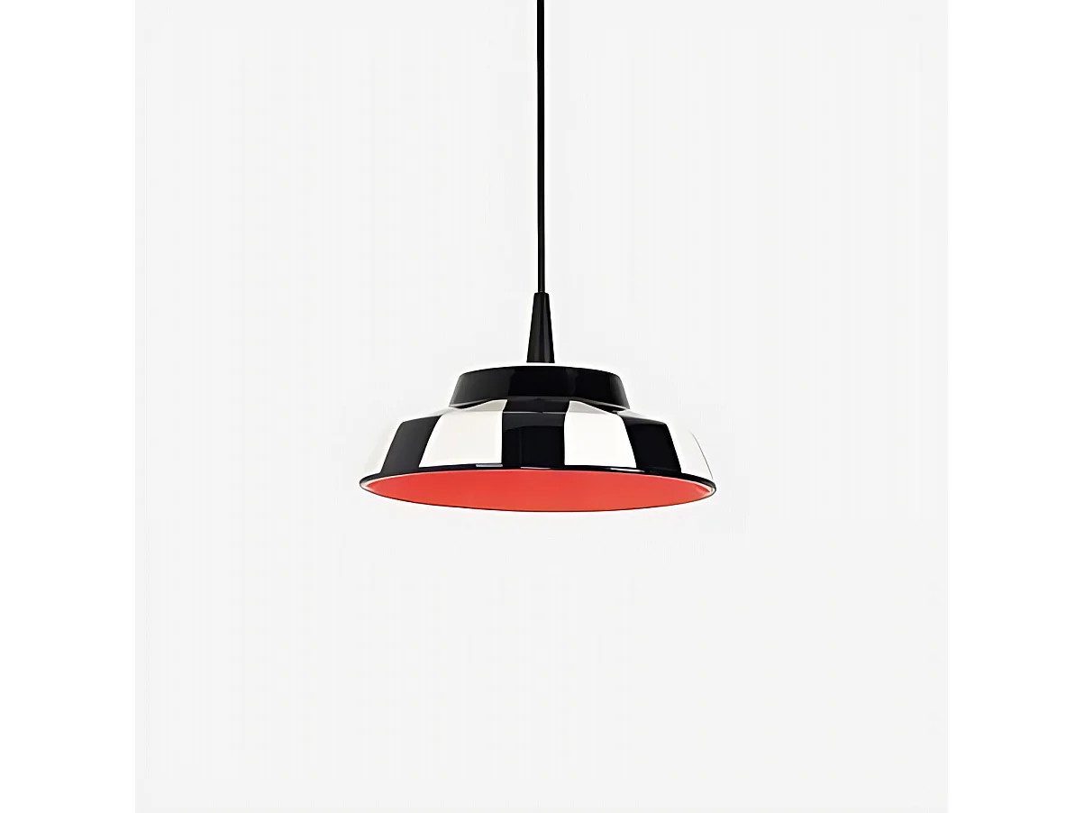 Circus hanglamp van handgemaakt Italiaans keramiek, zwart-wit gestreept design met rode binnenkant, geïntegreerde 8W LED, diameter 24 cm