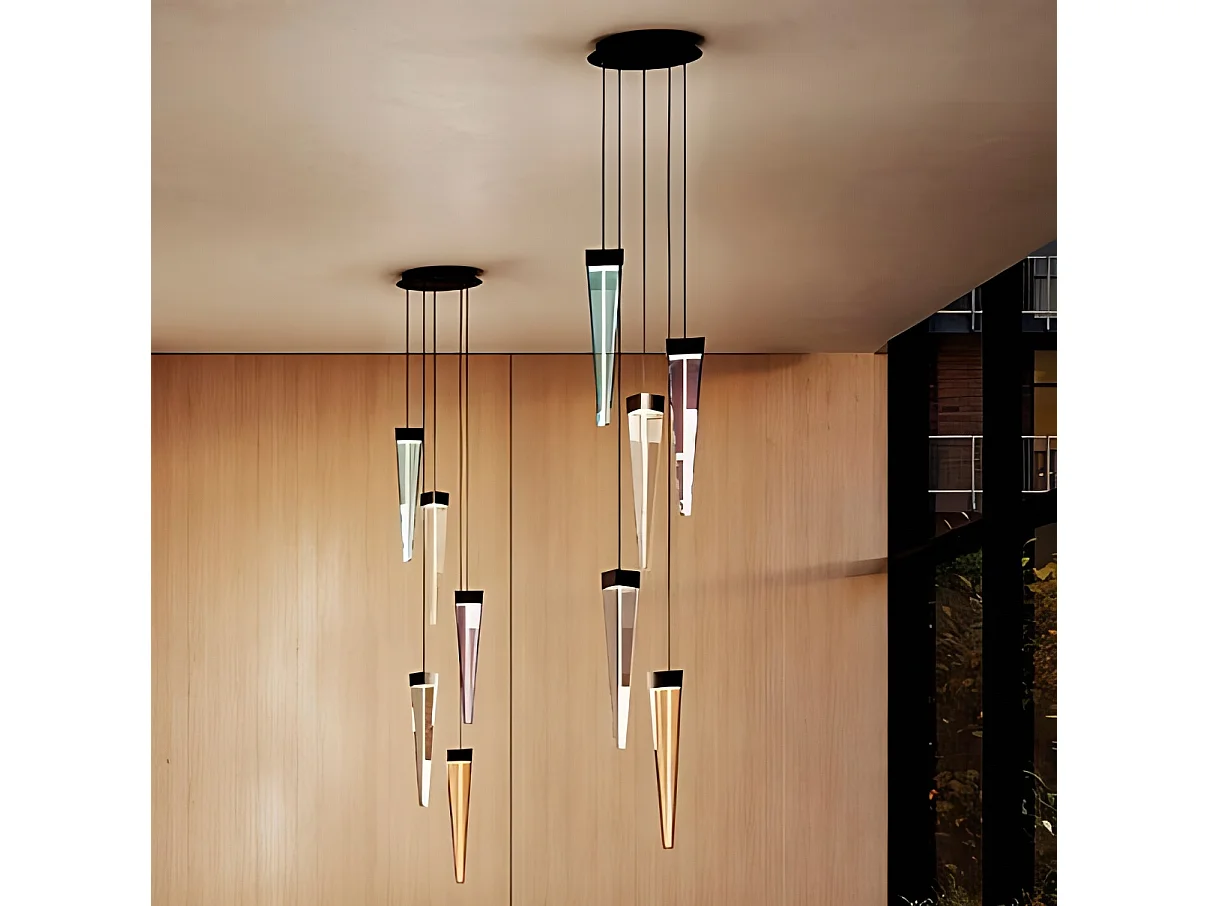 Stalactiet piramide LED hanglamp in gerookt glas en gepolijst zwart nikkel metaal, TRIAC dimbaar, in hoogte verstelbaar, 12W, 2700K