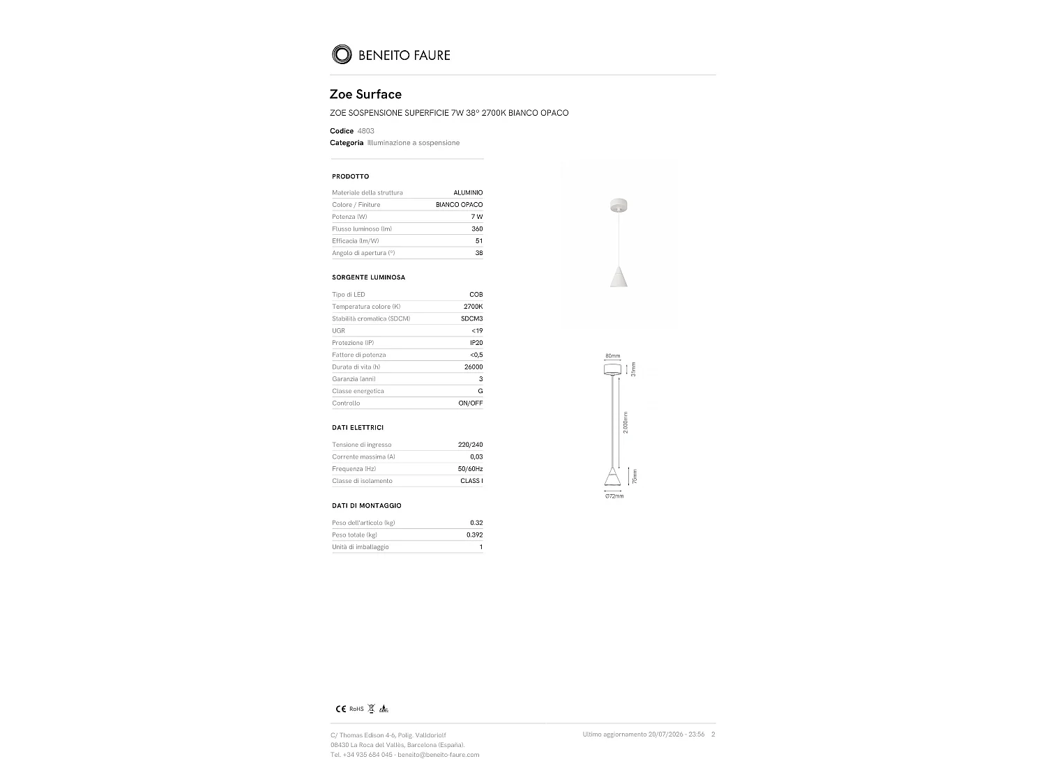 Beneito & Faure Zoe Surface hanglamp 7W 38° 2700K mat wit - conisch ontwerp LED CRI90 UGR<19 voor binnenverlichting