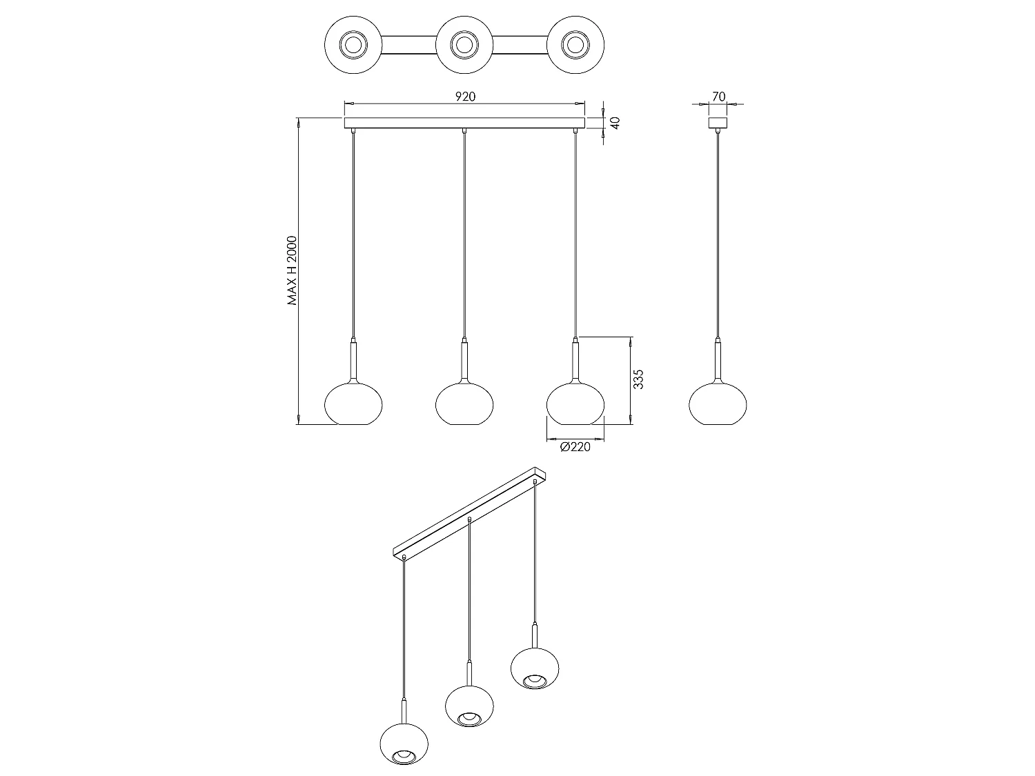 Edolo hanglamp van metaal en gerookt borosilicaatglas, 3x E27 40W, IP20, elegant design voor interieurs - Edolo