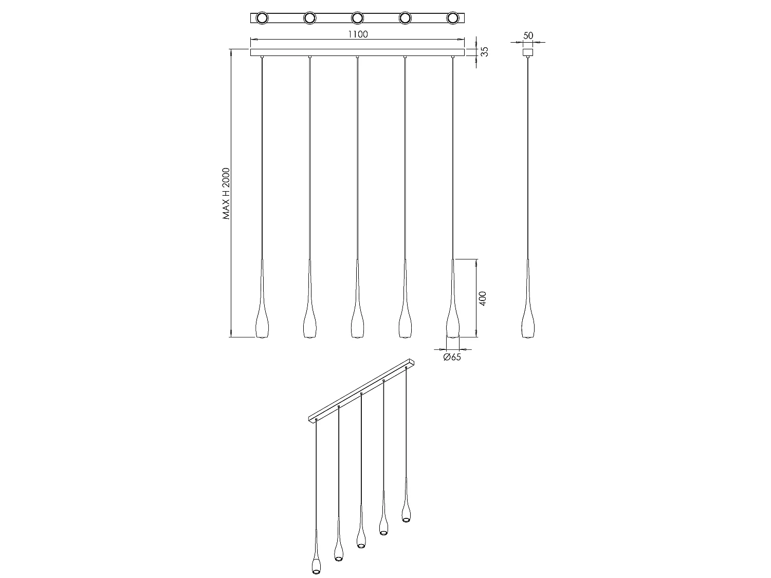 Hanglamp zwart, 5x 7,5W geïntegreerde LED 3270lm 3000K, dimbaar, faseafsnijding, metalen frame - modern design