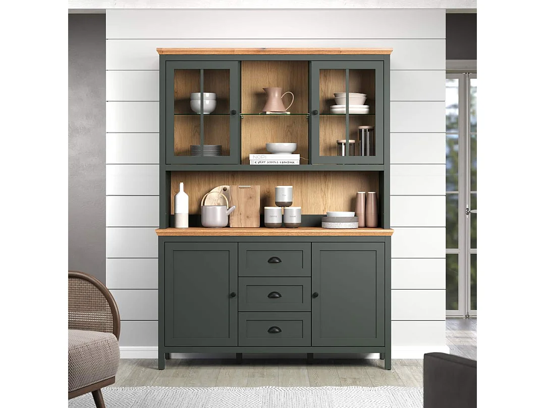 Vaisselier avec éclairage LED inclus, 4 portes, 3 tiroirs et 2 niches H198 cm - Stanton