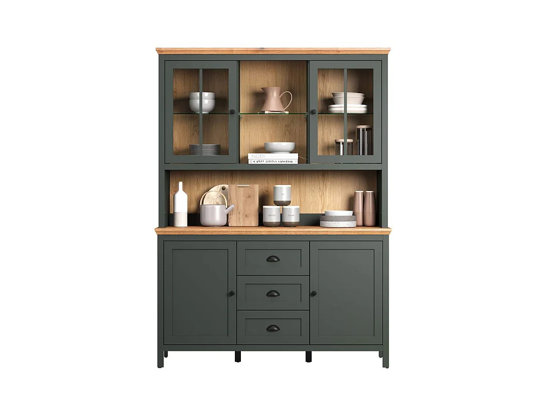 Vaisselier avec éclairage LED inclus, 4 portes, 3 tiroirs et 2 niches H198 cm - Stanton