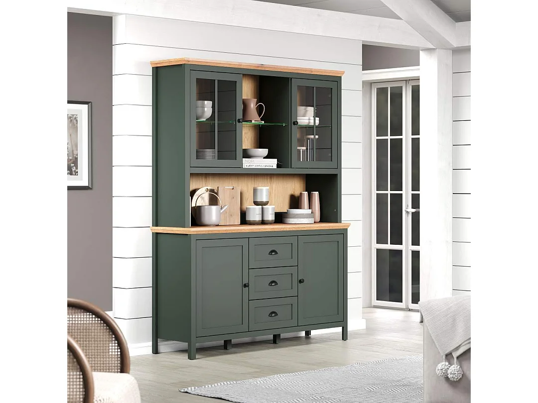 Vaisselier avec éclairage LED inclus, 4 portes, 3 tiroirs et 2 niches H198 cm - Stanton