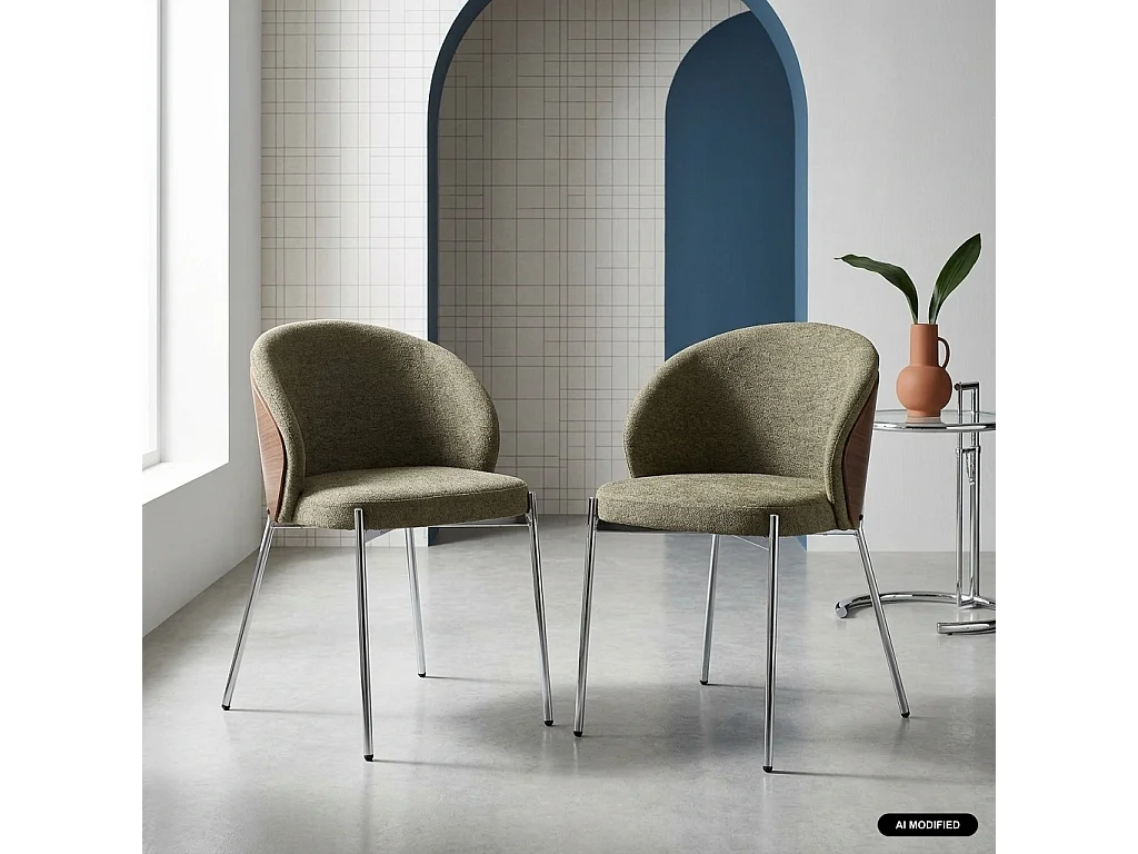Silla de madera de álamo teñida de nogal, acero y tejido texturizado,