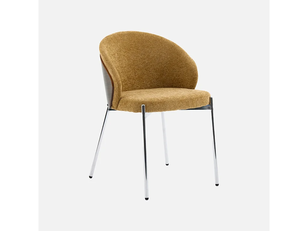 Silla de madera de álamo teñida de nogal, acero y tejido texturizado,