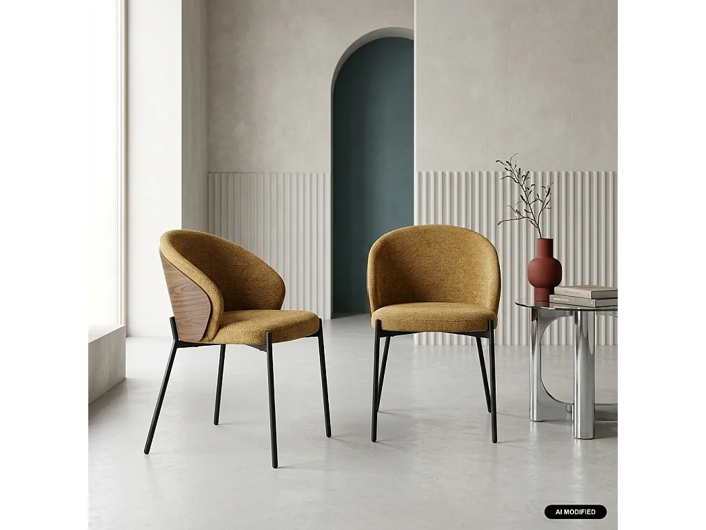 Silla de madera de álamo teñida de nogal, acero y tejido texturizado,