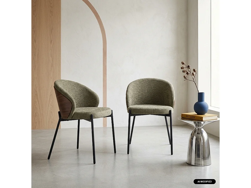Silla de madera de álamo teñida de nogal, acero y tejido texturizado,