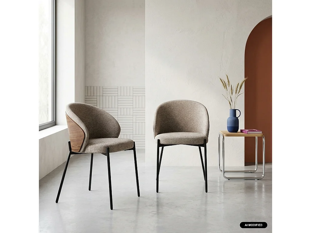 Silla de madera de álamo teñida de nogal, acero y tejido texturizado,