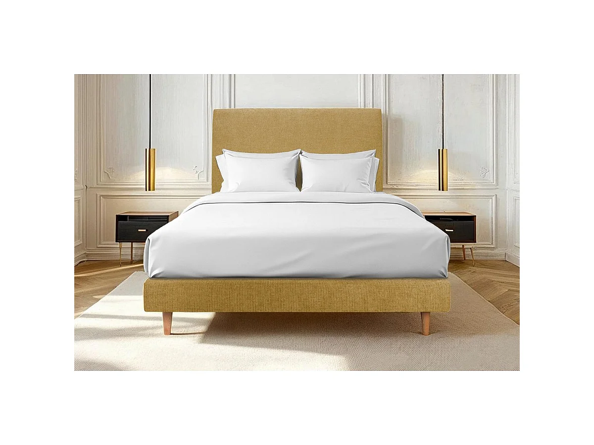 Lit 140x190cm avec tête de lit tapissier tissu et sommier tapissier jaune - Hauteur totale : 29cm