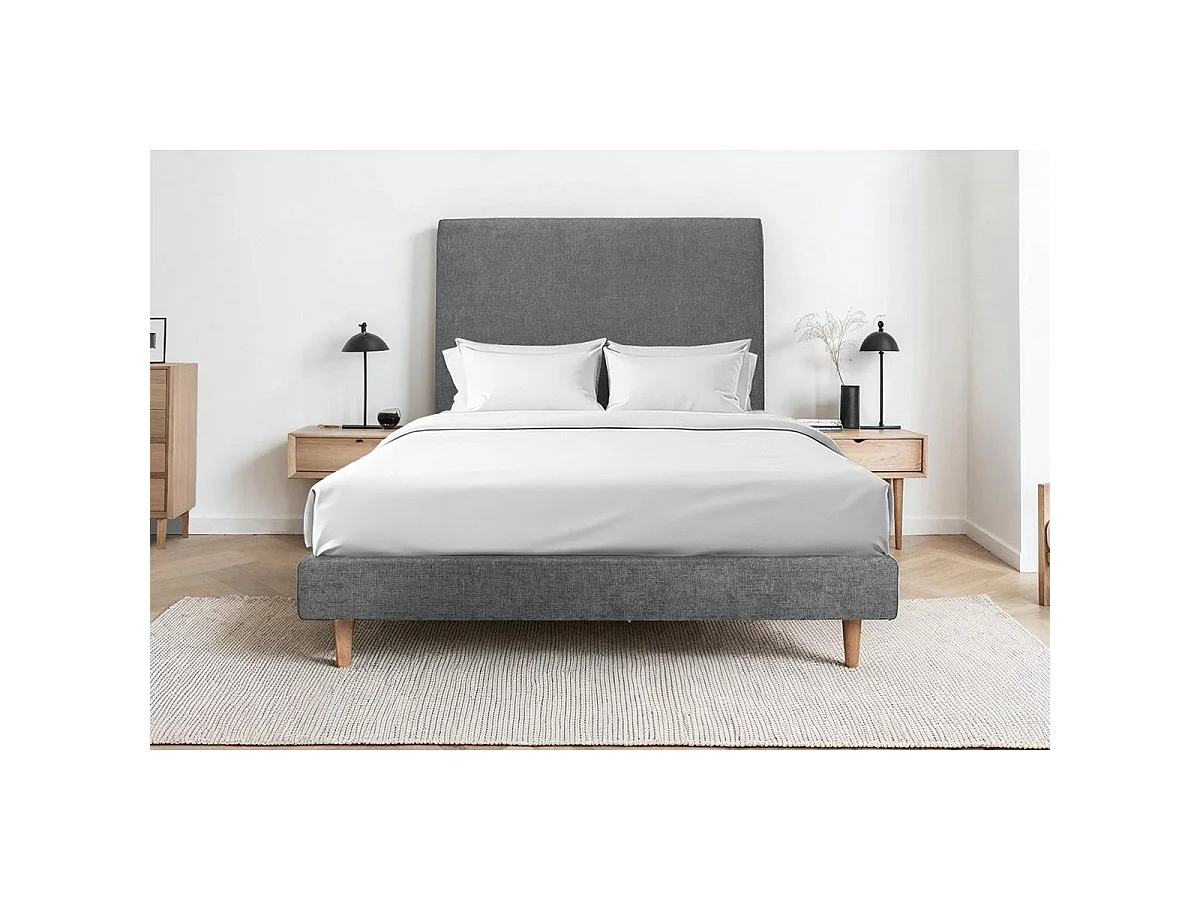 Lit 140x190cm avec tête de lit tapissier tissu et sommier tapissier gris anthracite - Hauteur totale : 29cm