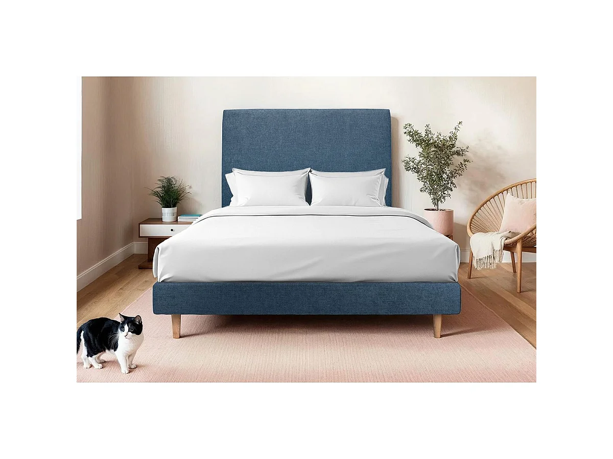 Lit 160x200cm avec tête de lit tapissier tissu et sommier tapissier Bleu - Hauteur totale : 29cm
