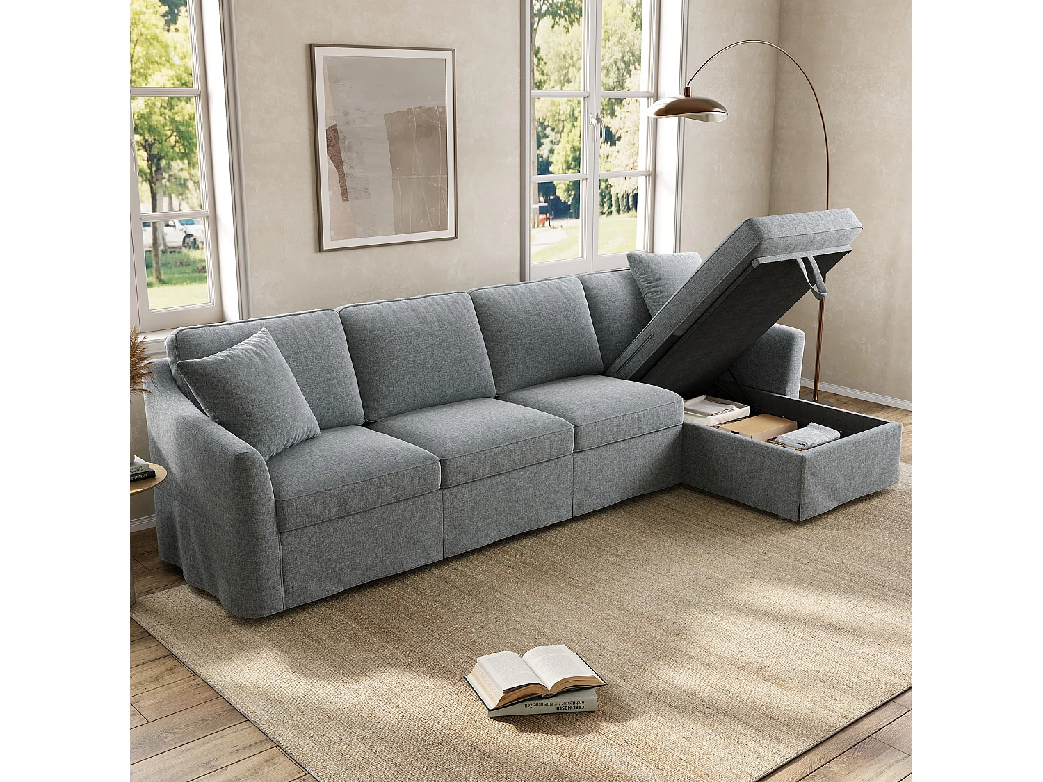 Canapé 4 places en forme de L (274 x 128,5 x 83 cm) - avec méridienne coffre - housse en coton et lin déhoussable et lavable - Gris