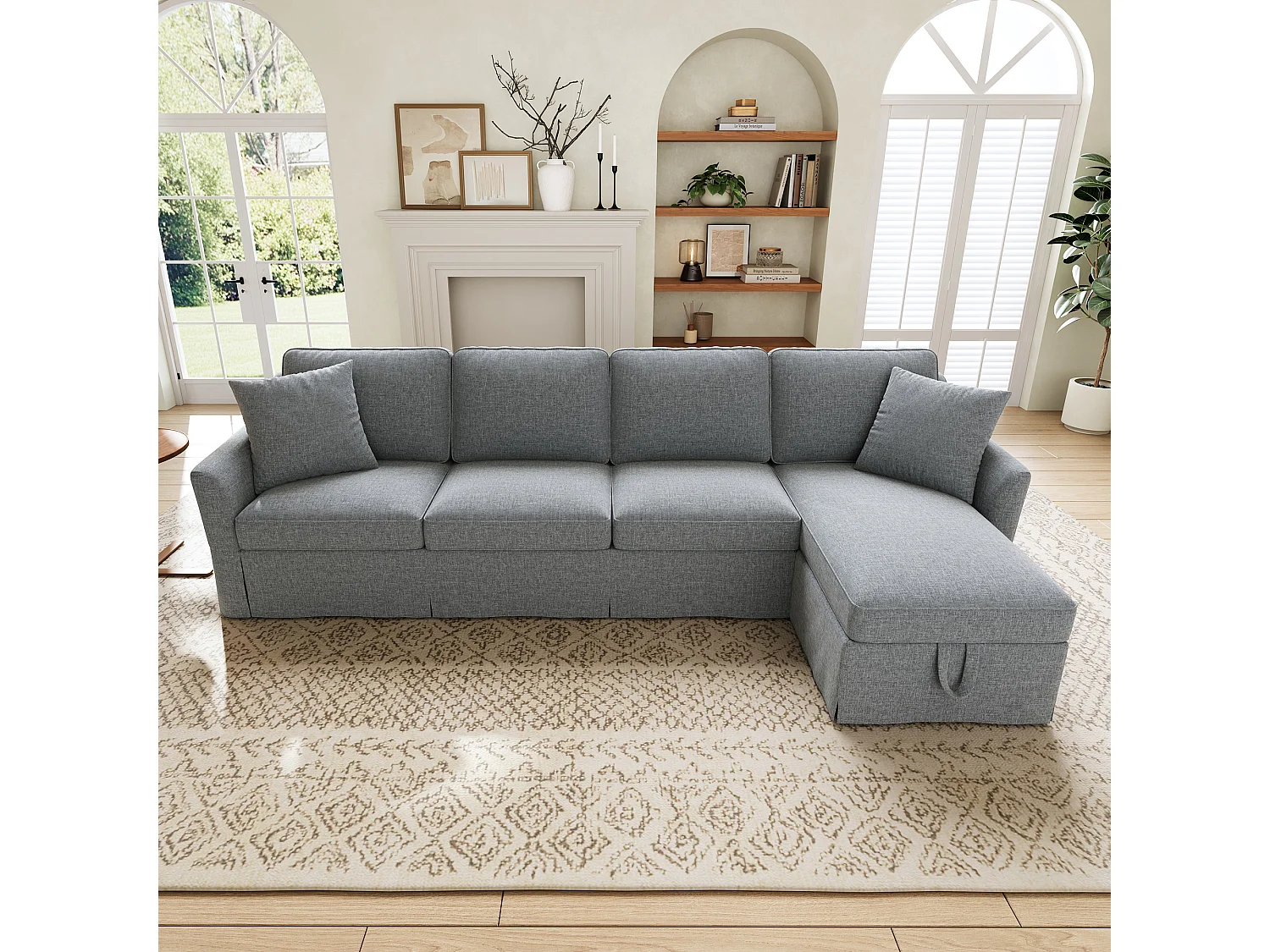 Canapé 4 places en forme de L (274 x 128,5 x 83 cm) - avec méridienne coffre - housse en coton et lin déhoussable et lavable - Gris
